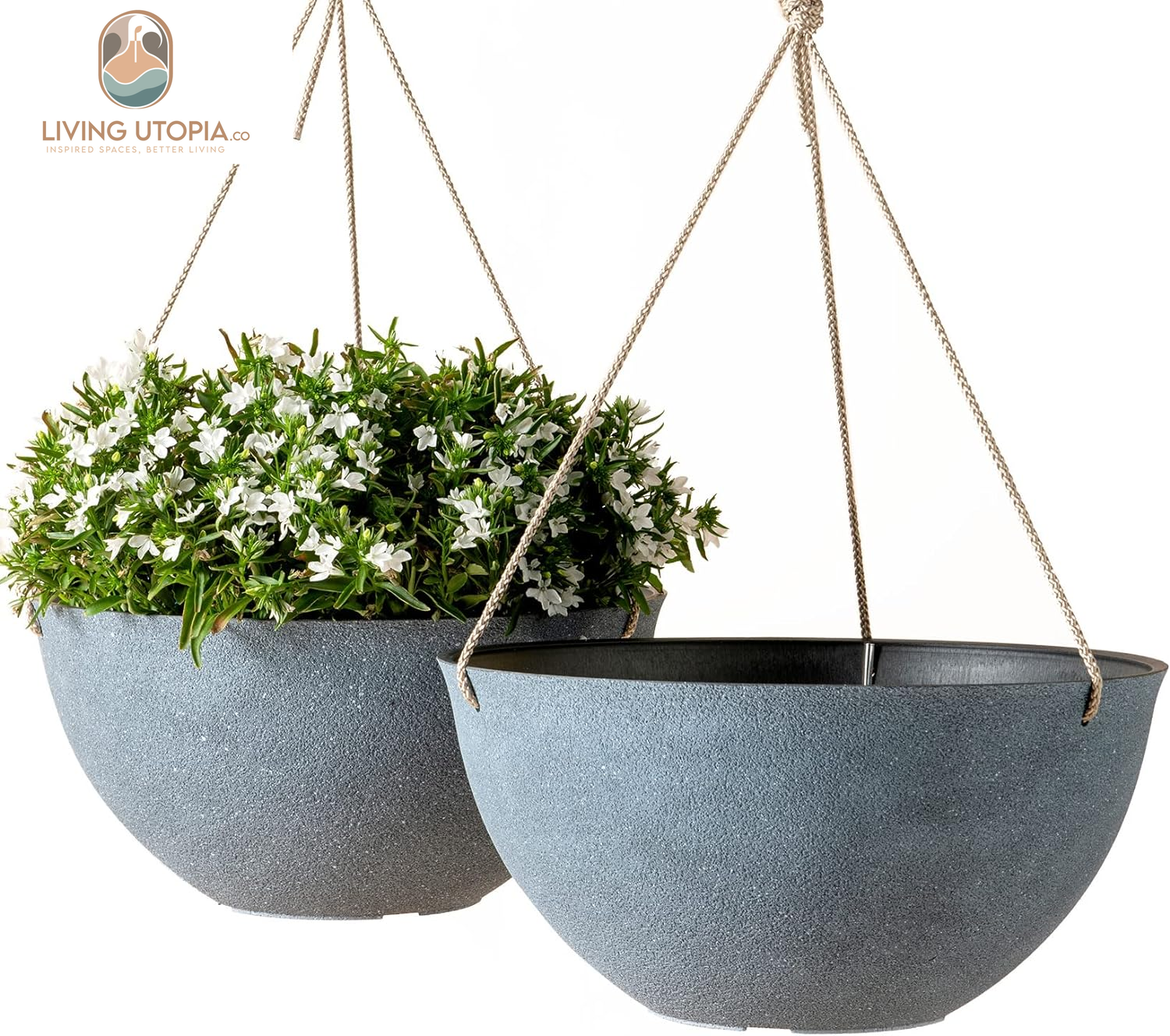 Large Hanging Planters for Outdoor Plants - Hanging Flower Pots Weathered Gray (13.2 Inch, Set of 2)