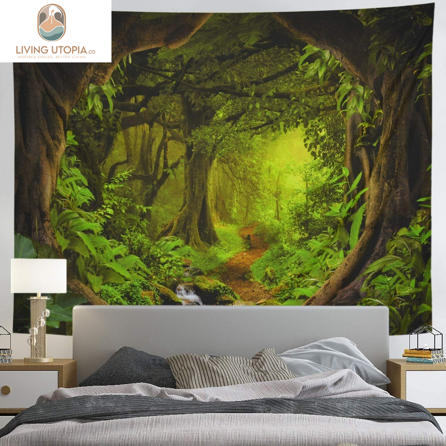 Forest Nature Tapestry - Tree Cave Wall Hanging, Misty Forest Stream through Rainforest Landscape, Jungle Creek Psychedelic for Living Room