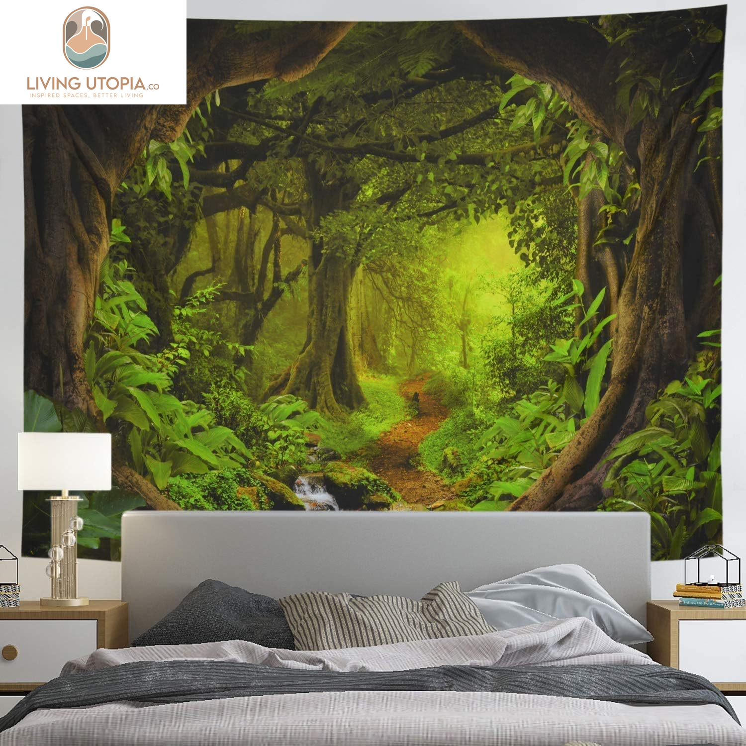 Forest Nature Tapestry - Tree Cave Wall Hanging, Misty Forest Stream through Rainforest Landscape, Jungle Creek Psychedelic for Living Room