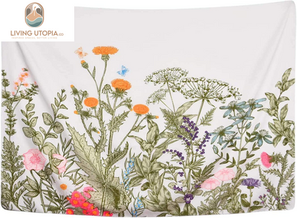 Colorful Floral Plants Tapestry Vintage Herbs Wild Flowers Wall Hanging Nature Scenery for Living Room Bedroom