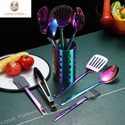 Rainbow Kitchen Utensils Set,13 Pieces Stainless Steel Cooking Utensils Set with Titanium Rainbow Plating,Kitchen Tools Set with Utensil Holder for Non-Stick Cookware Dishwasher Safe (13 Packs)