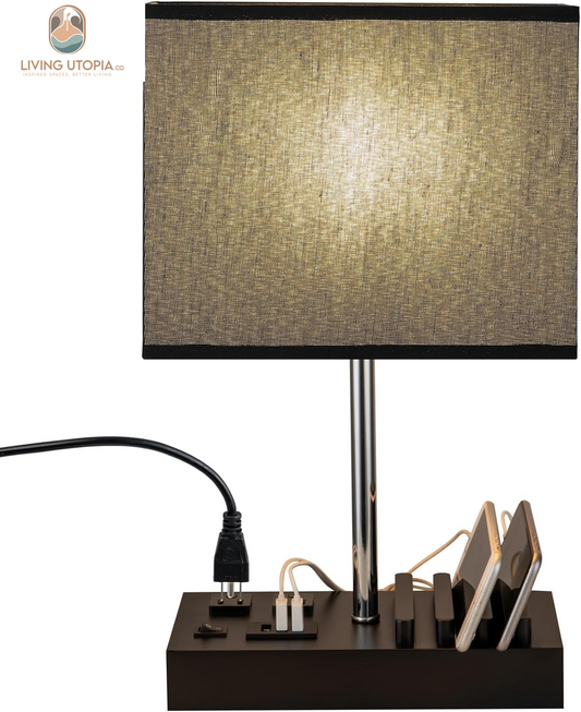 USB Table Lamp, Multi-Functional Bedside Desk Lamp with 2 AC Outlets, 3 USB Charging Ports and Wooden Phone Stand Organizer, Ideal Nightstand Lamp for Bedroom, Black Shade