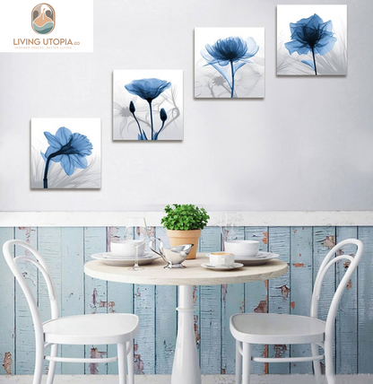 Wall Decorations for Living Room Decor - 4 Panel Elegant Tulip Flower Canvas Print Wall Art Paintings for Dining Room Wall Decor and Modern Framed Art Home Decor Size: 12X12Inchx4Pcs Blue Flower Print