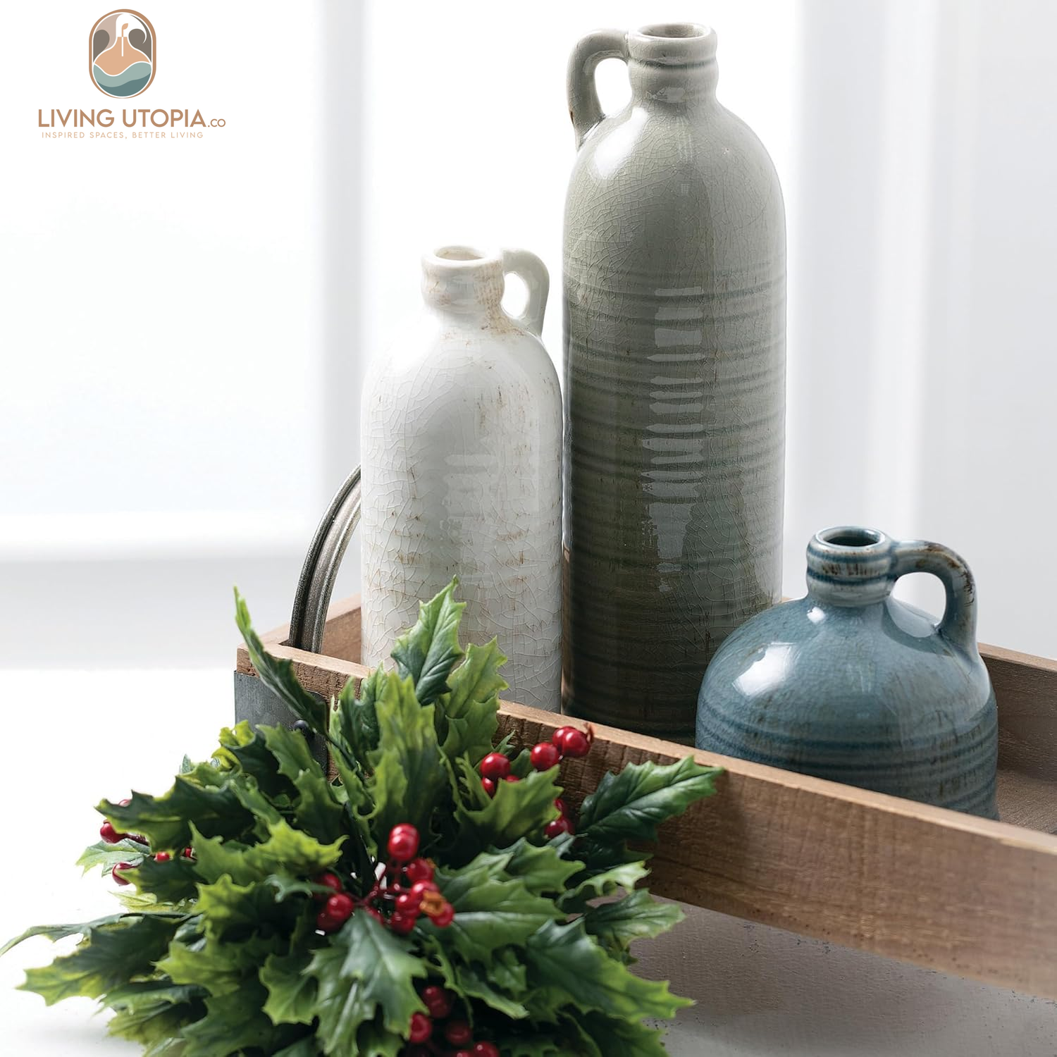 Ceramic Jug Vase Set, Farmhouse Decor, Kitchen, Bedroom, Office, Living Room, Bathroom, & Coffee Table Centerpiece Decorations, Vases for Decor, Mantle & Shelf (CM2431)