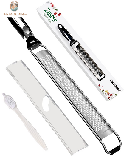 Kitchen Lemon Zester, Stainless Steel Hand Held Parmesan Cheese Grater for Ginger, Chocolate, Coconut, Lime, Nutmeg, Citrus, Fruit, Vegetable with Cleaning Brush, Dishwasher Safe, Black