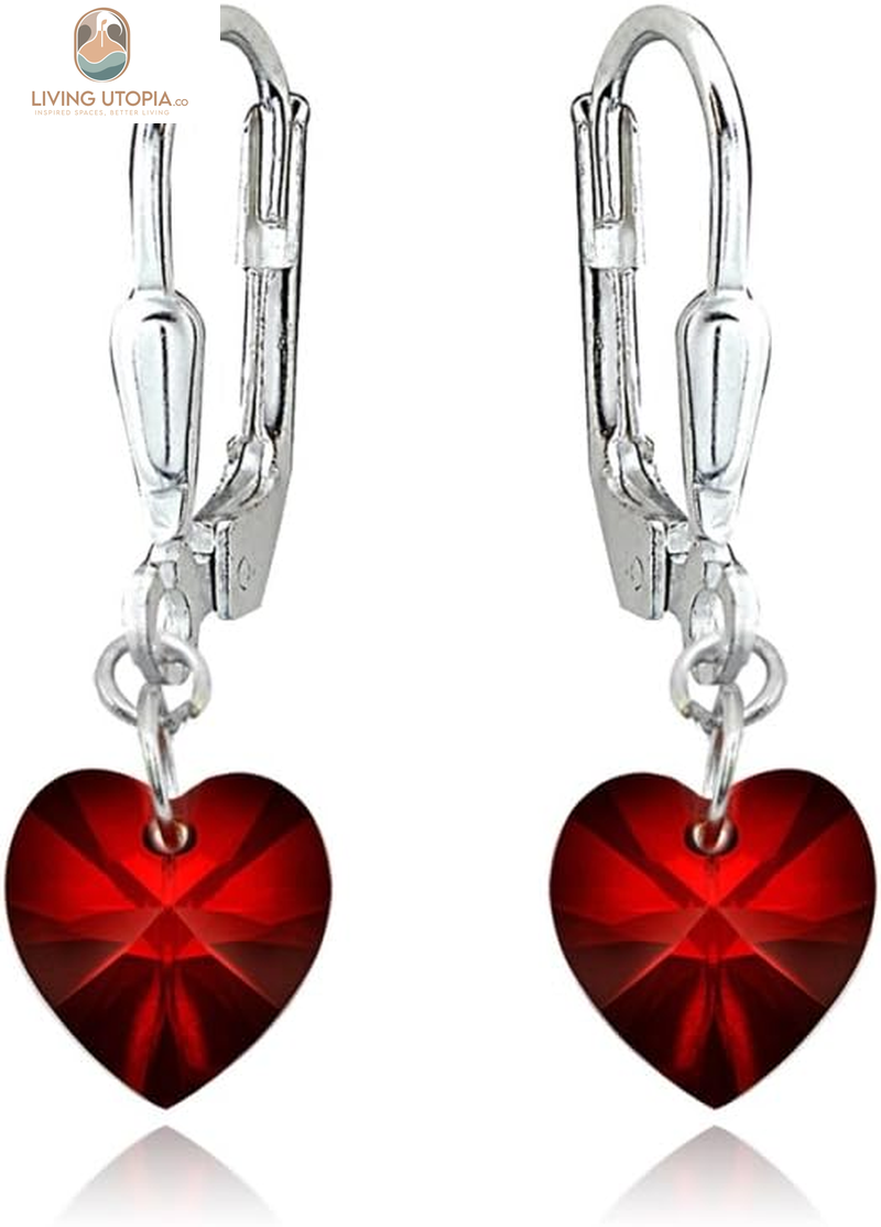 Sterling Silver European Crystal Dainty Heart Leverback Dangle Earrings for Women