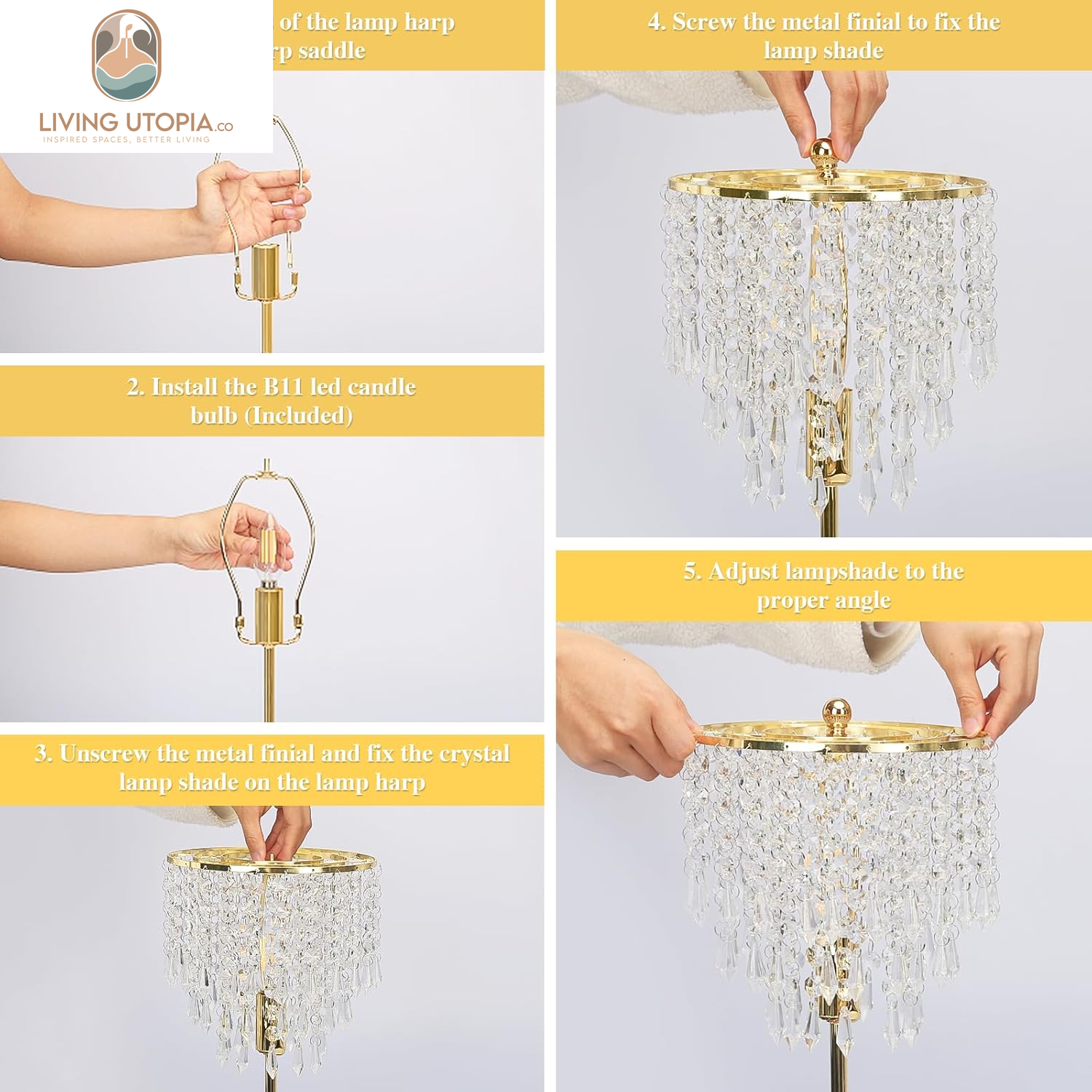 Touch Control Crystal Table Lamp with USB C+A Ports, 3-Way Dimmable Gold Lamp, Bedside Light with Crystal Shade, Girls Lamp for Bedroom, Living Room, Teens Room, Dresser, 6W LED Bulb Included