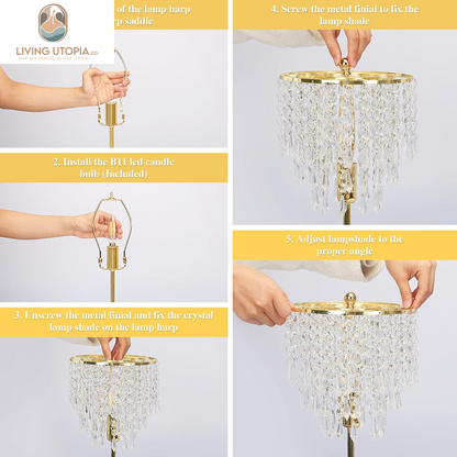Touch Control Crystal Table Lamp with USB C+A Ports, 3-Way Dimmable Gold Lamp, Bedside Light with Crystal Shade, Girls Lamp for Bedroom, Living Room, Teens Room, Dresser, 6W LED Bulb Included