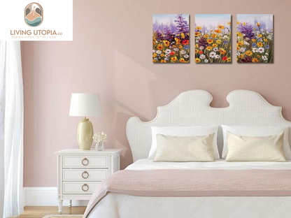 Flower Wall Art Daisy Colorful Canvas Romantic Floral Pictures Purple Yellow Painting, Wildflower Landscape Artwork Framed for Living Room Bedroom Bathroom Dinning Room Home Office Wall Decor