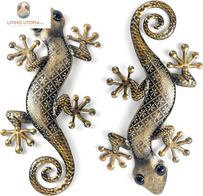 Gecko Metal Wall Art Decor 2 Pack 15 Inch - Indoor & Outdoor Lizard Wall Art Hanging Sculpture for Home and Garden