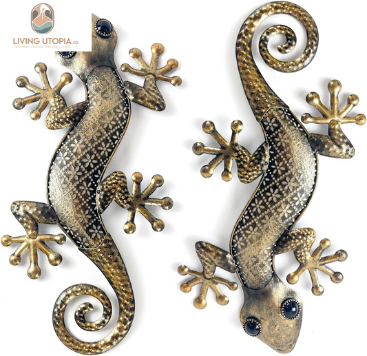 Gecko Metal Wall Art Decor 2 Pack 15 Inch - Indoor & Outdoor Lizard Wall Art Hanging Sculpture for Home and Garden