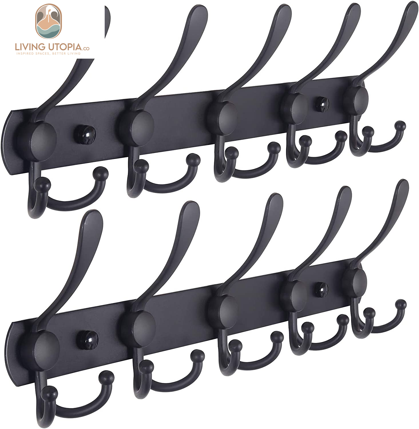 Coat Rack Wall Mounted - 5 Tri Hooks, Heavy Duty, Stainless Steel, Metal Coat Hook Rail for Coat Hat Towel Purse Robes Mudroom Bathroom Entryway (Black, 2 Packs)