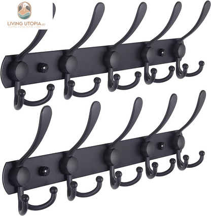 Coat Rack Wall Mounted - 5 Tri Hooks, Heavy Duty, Stainless Steel, Metal Coat Hook Rail for Coat Hat Towel Purse Robes Mudroom Bathroom Entryway (Black, 2 Packs)