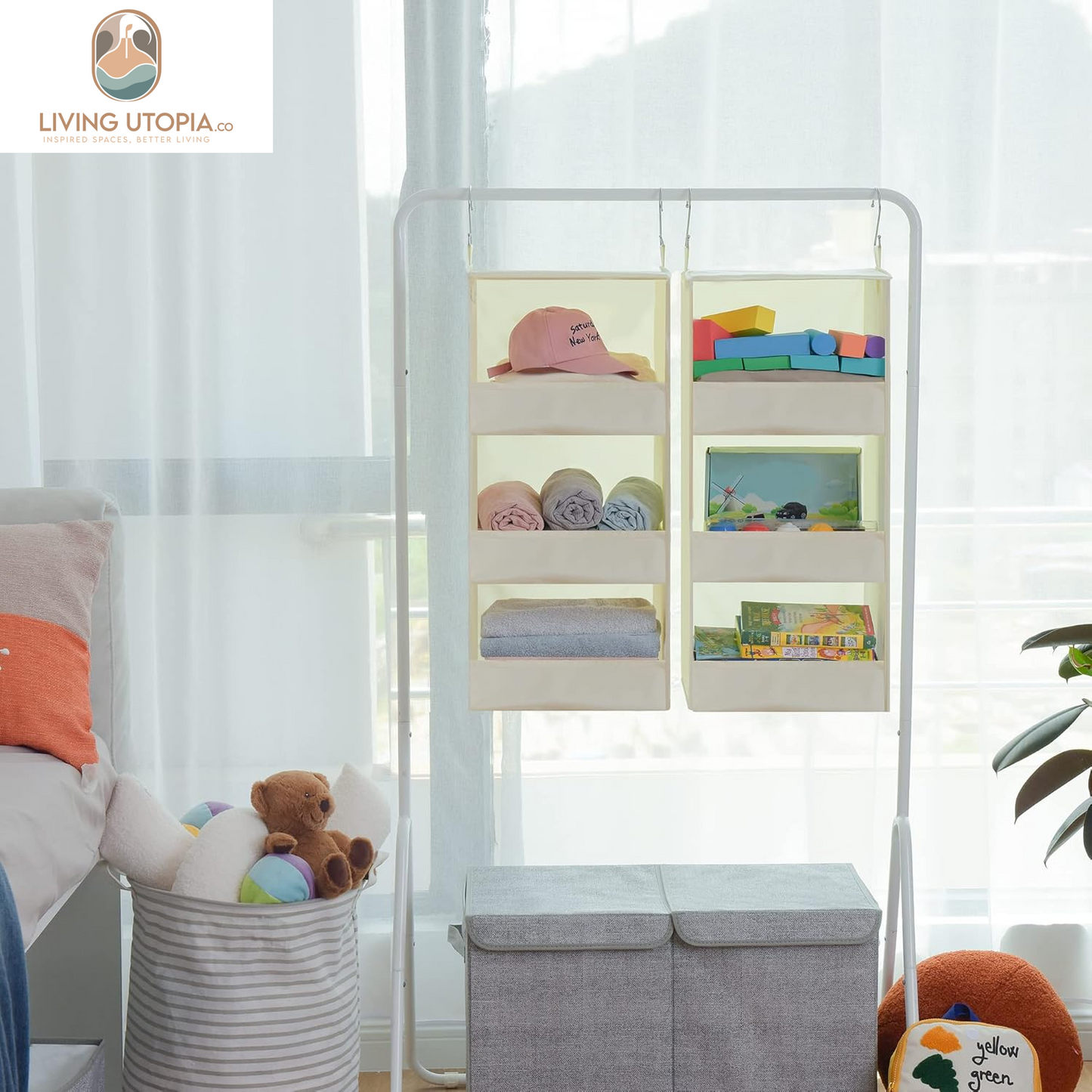 3-Shelf Hanging Organizer, Foldable Hanging Closet Storage, Closet Shelves Organizer for Camper, Beige, 29 ½" H X 12" W X 12" D, 2-Pack