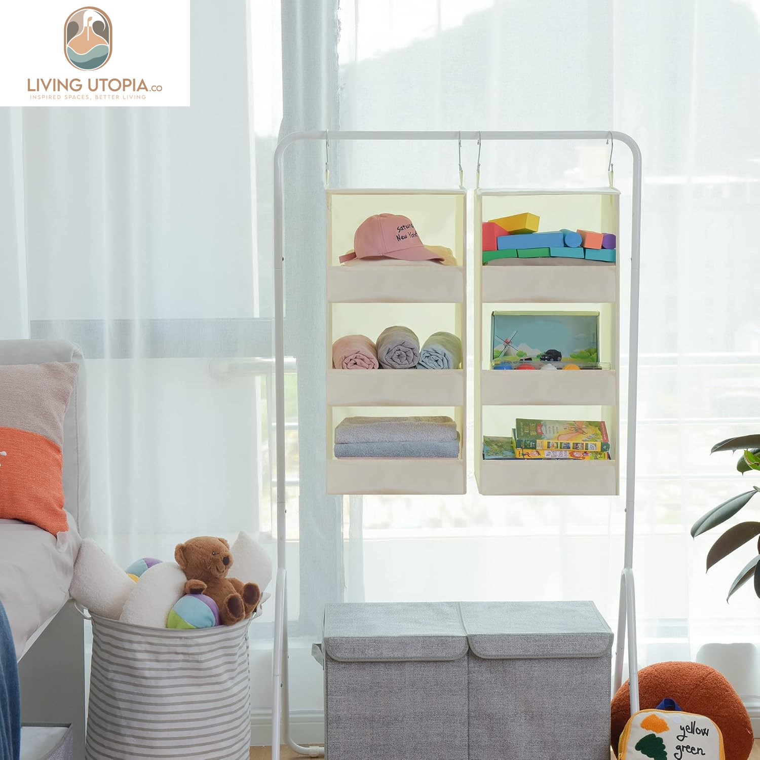 3-Shelf Hanging Organizer, Foldable Hanging Closet Storage, Closet Shelves Organizer for Camper, Beige, 29 ½" H X 12" W X 12" D, 2-Pack