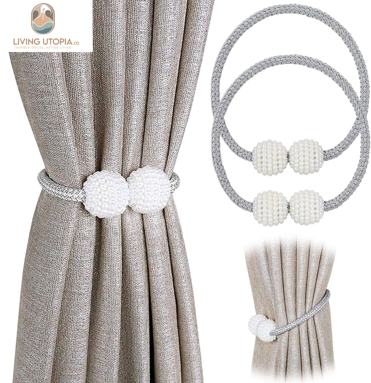 [2 Pack] Magnetic Curtain Tiebacks Convenient Drape Tie Backs,Pearl Decorative Rope Holdback Holder for Small, Thin or Sheer Window Drapries (Gray)…