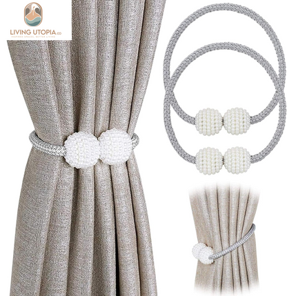 [2 Pack] Magnetic Curtain Tiebacks Convenient Drape Tie Backs,Pearl Decorative Rope Holdback Holder for Small, Thin or Sheer Window Drapries (Gray)…