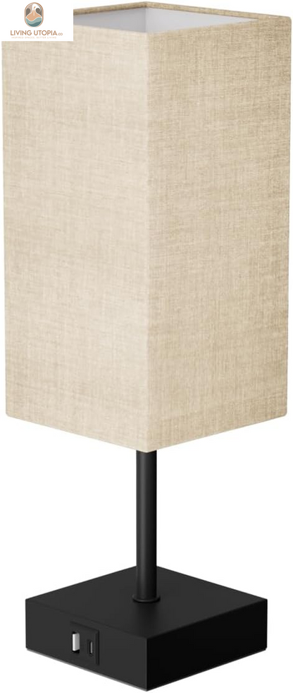 Table Lamp with USB C USB a Port,Square Touch Lamp for Bedroom with 3 Way Dimmable 2700K Warm Light, Beige Fabric Lamp Shade Small Lamp for Night Stand LED Bulb Included