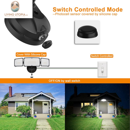 3500LM Dusk to Dawn LED Security Lights Outdoor, 35W Outdoor Flood Light with Photocell, 5500K, IP65 Waterproof 3 Head Exterior Light for Garage, Patio, Yard（Black）