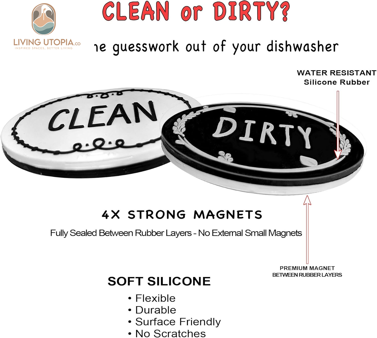 Circle Black & White Silicone Dishwasher Magnet Clean Dirty Sign, Double Sided Dirty Clean Dishwasher Magnet Indicator, Strong Non-Scratching Magnet, Kitchen Safe, Waterproof, and Decorative Design
