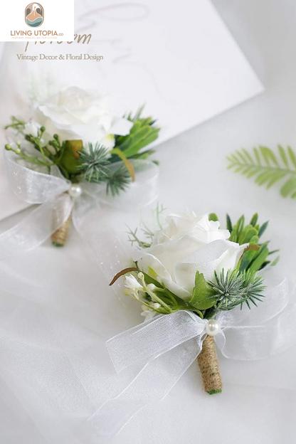 Set of 6 Ivory Rose Boutonnieres for Best Men Groom Groomsmen White Wedding Prom