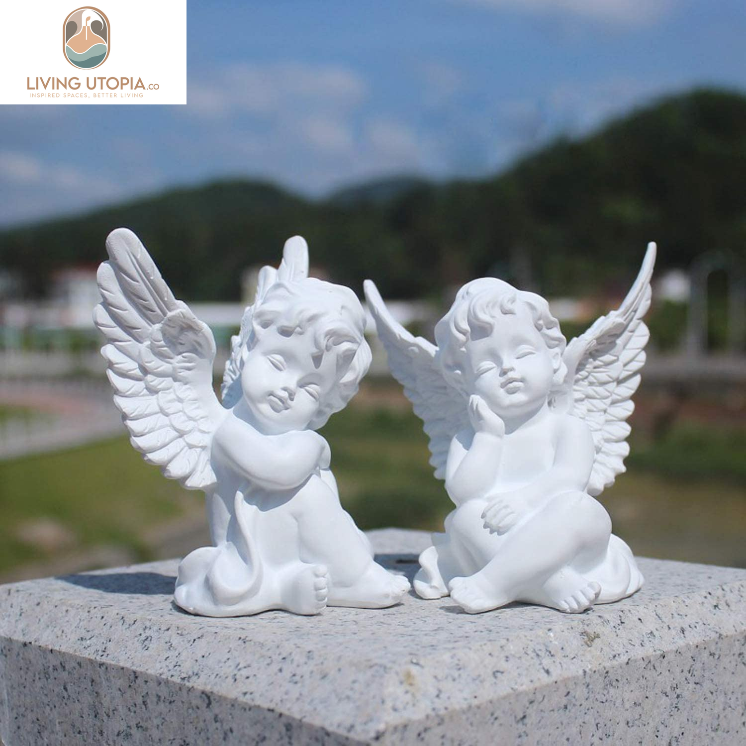 Set of 2 Cherubs Angels Resin Statue Figurine, Indoor Home Decoration, Adorable Angel Sculpture Memorial Statue 4" - White