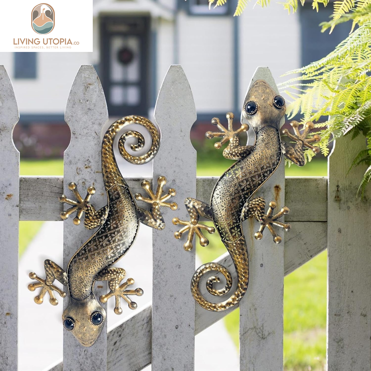 Gecko Metal Wall Art Decor 2 Pack 15 Inch - Indoor & Outdoor Lizard Wall Art Hanging Sculpture for Home and Garden