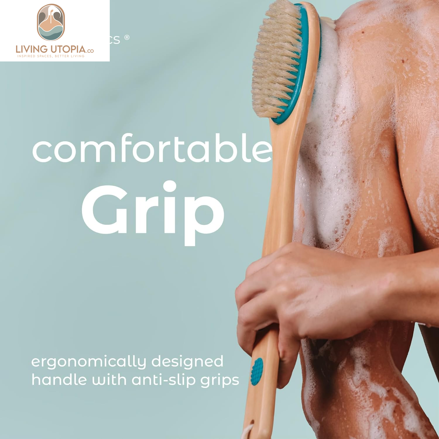 Back Scrubber for Shower – Long Handle Dual-Sided Brush for Body Wash & Scrubbing with Exfoliating & Soft Bristles (Teal, Wood)