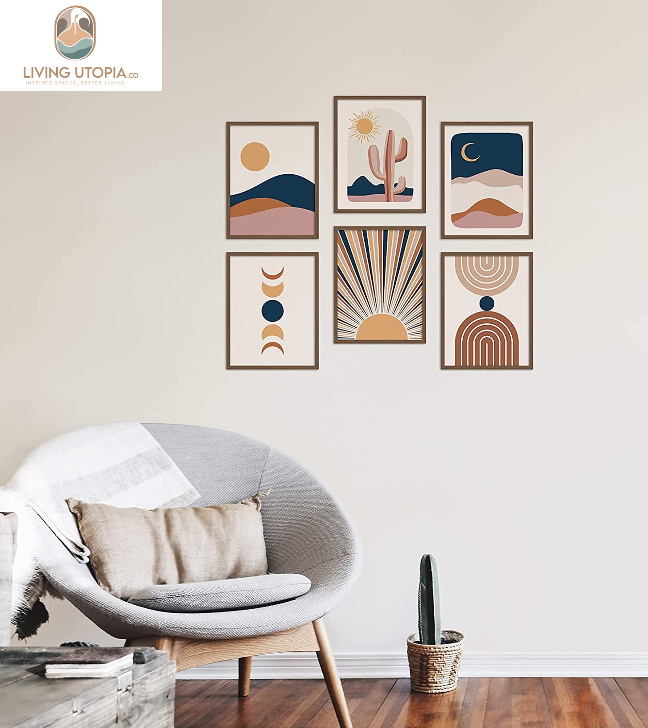 Boho Wall Art Prints Room Decor 8X10 Set of 6 Boho Posters, Mid Century Modern Prints for Wall Art, Sun Moon Desert Bedroom Decor