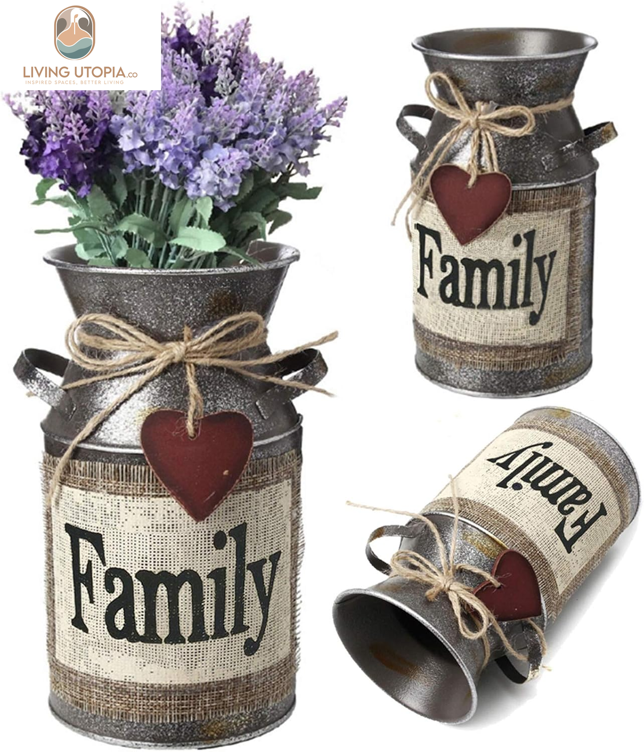 7.5" High Rustic Decorative Vase with Greetings and Rope Design, Metal Milk Can Country Jug for Living Room, Bedroom, Kitchen(Family)