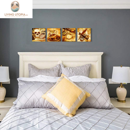 Pirate Ship Compass Restoring Ancient Ways Wall Art for Living Room Canvas Prints Artwork Bathroom Wall Decor Watercolor Painting 4 Piece Framed Bedroom Wall Decorations Office Home Decoration