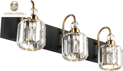 Modern Bathroom Vanity Light Fixture, 3-Lights, Black Metal & Crystal, HJ-8600-3T