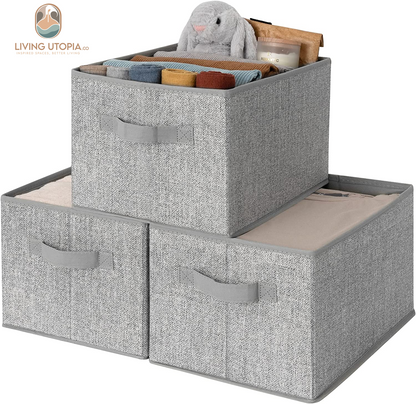 Gray Fabric Storage Bins with Handles (Set of 3)