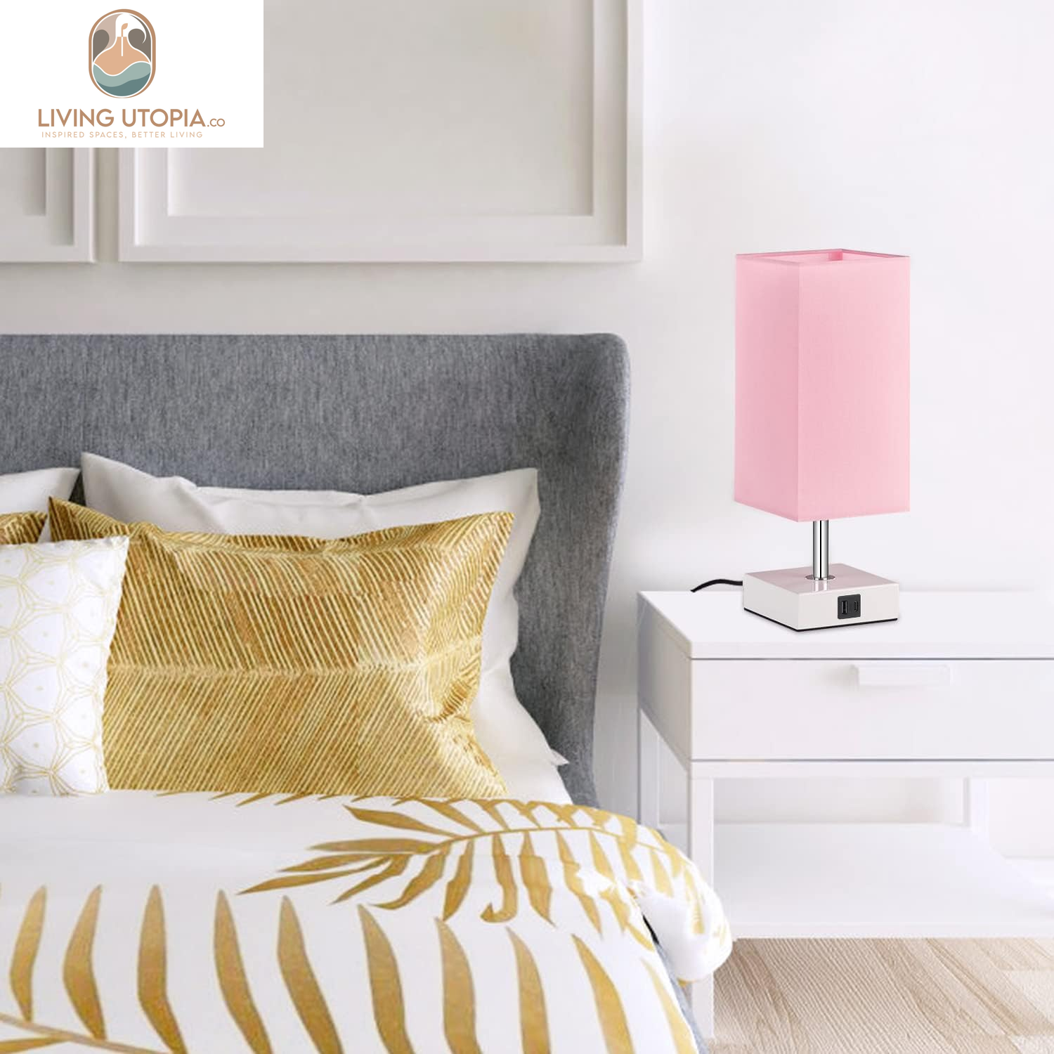 Touch Control Table Lamp with 2 USB Charging Ports, 3 Way Touch Lamps beside Desk, Nightstand Lamp for Bedrooms Living Room, Pink Shade with White Base, LED Bulb Included(Pink)