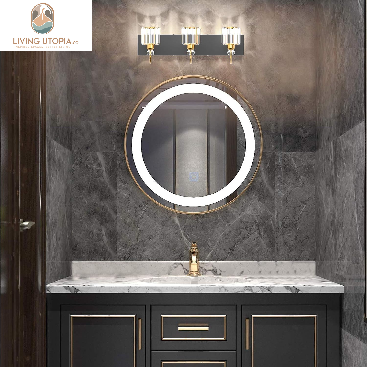Modern Bathroom Vanity Light Fixture, 3-Lights, Black Metal & Crystal, HJ-8600-3T