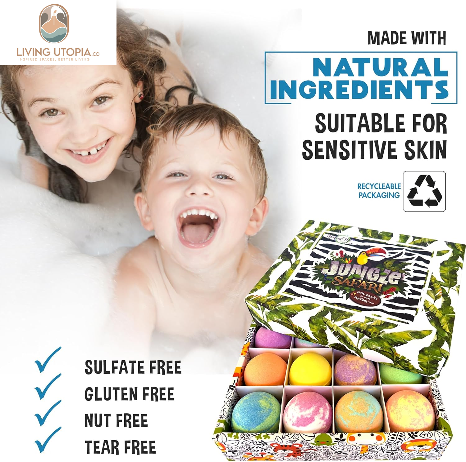 Bath Bombs for Kids with Surprise Inside, 12 Organic Bubble Bath Fizzies with Jungle Animal Toys. Moisturizing, Gentle & Kids Safe, Rainbow Spa Bath Fizz, Birthday Gifts for Kids, Boys, Girls