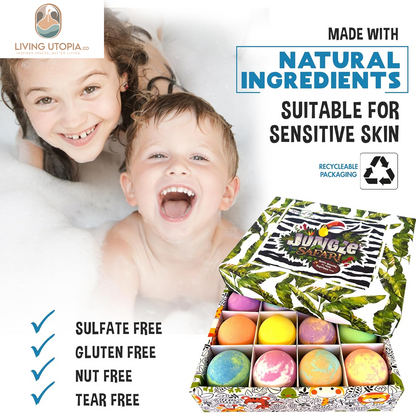 Bath Bombs for Kids with Surprise Inside, 12 Organic Bubble Bath Fizzies with Jungle Animal Toys. Moisturizing, Gentle & Kids Safe, Rainbow Spa Bath Fizz, Birthday Gifts for Kids, Boys, Girls