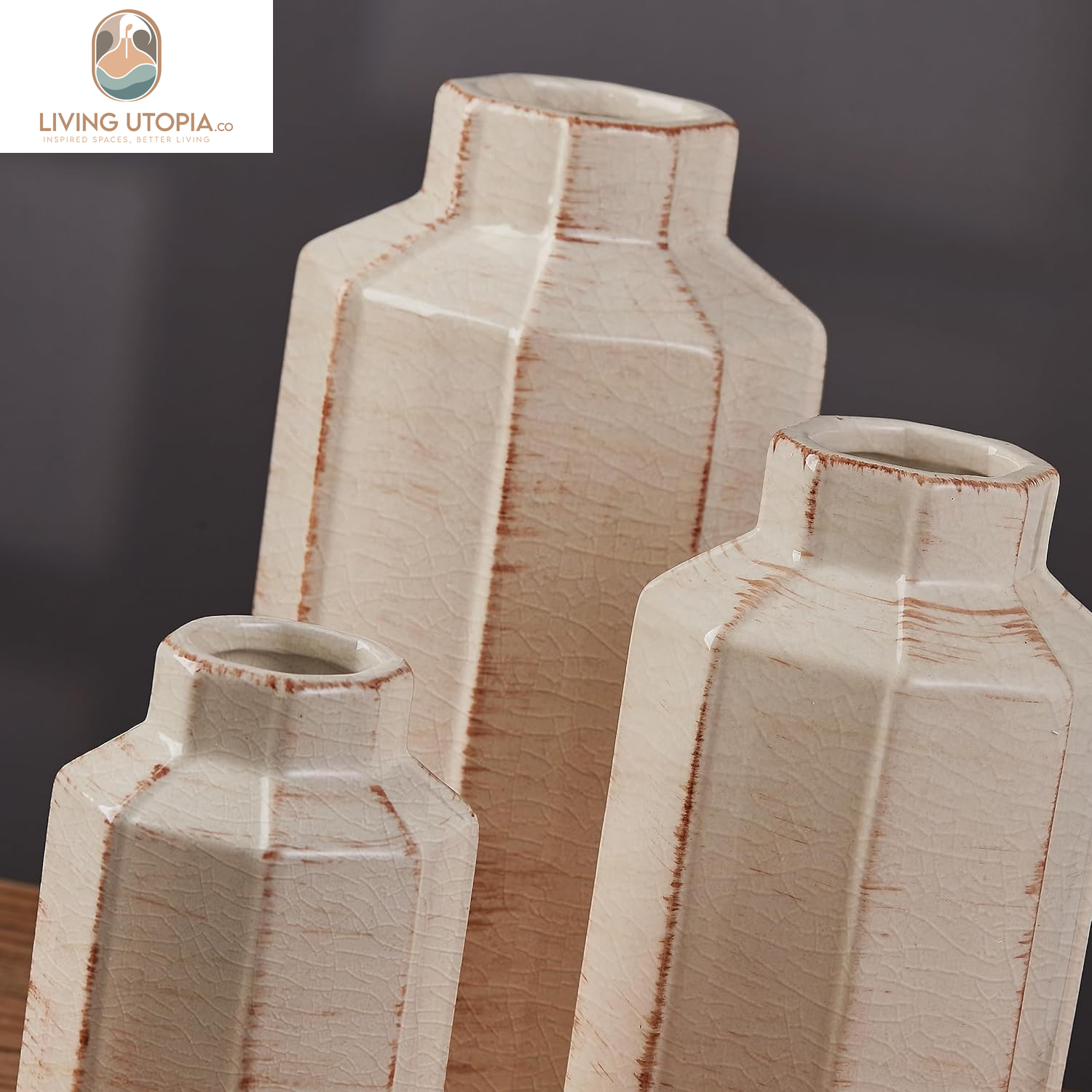 Ceramic Rustic Farmhouse Vase Set of 3,Ice Cracked Glazed Terracotta Vase,Large Vase for Decor,Fall Decoratiion Vases for Home, Table, Living Room, Shelf