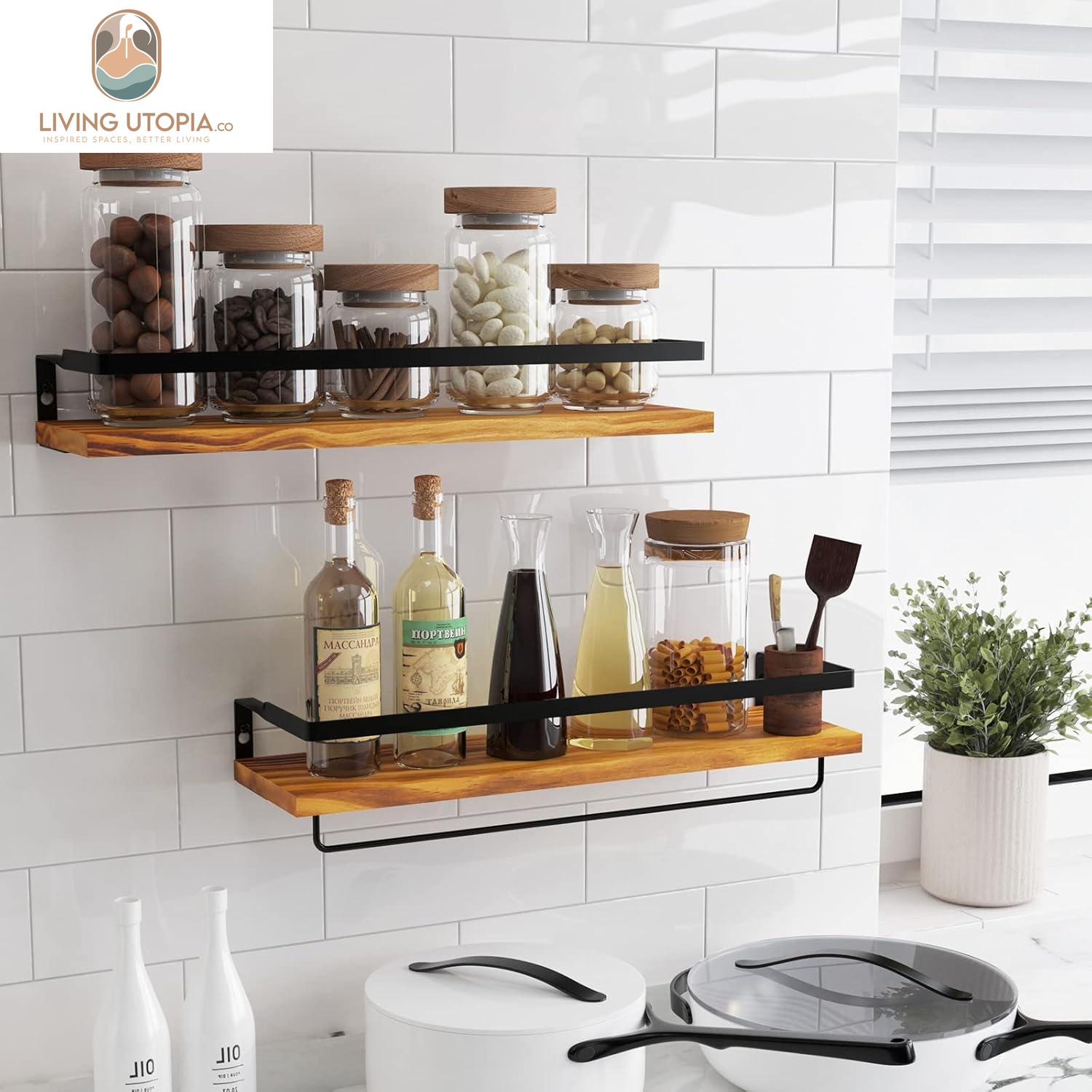 Floating Shelves for Wall, Bathroom Shelves with Towel Bar, Wall Mounted Storage Shelves for Kitchen, Bathroom, Set of 2 Carbonized Black