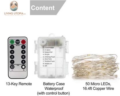 Fairy Lights,2-Pack Battery Operated Waterproof Cool White 50 LED Fairy String Lights,16.4Ft Silver Wire Light with Remote Control for Christmas Parties,Garden and Home Decoration