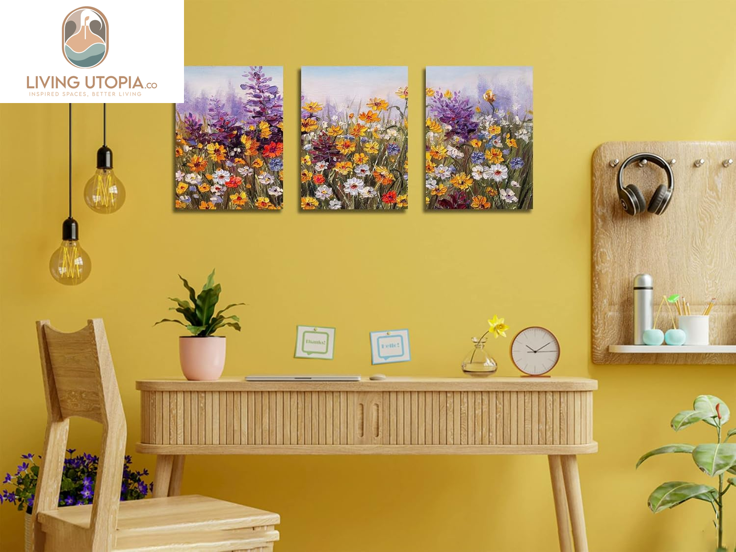 Flower Wall Art Daisy Colorful Canvas Romantic Floral Pictures Purple Yellow Painting, Wildflower Landscape Artwork Framed for Living Room Bedroom Bathroom Dinning Room Home Office Wall Decor
