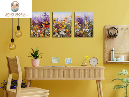 Flower Wall Art Daisy Colorful Canvas Romantic Floral Pictures Purple Yellow Painting, Wildflower Landscape Artwork Framed for Living Room Bedroom Bathroom Dinning Room Home Office Wall Decor