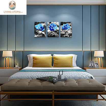 Bedroom Wall Art for Living Room Bathroom Wall Decor for Kitchen Family Pictures Artwork Black and White Blue Rose Flowers Canvas Paintings 12" X 16" 3 Pieces Framed Modern Office Home Decorations
