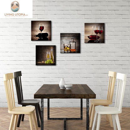 Red Wine Cups Modern Kitchen Wall Art Dinning Room Wall Decor 4 Panels Abstract Canvas Prints Artwork Contemporary Vintage Pictures Paintings on Canvas Wall Art for Kitchen Home