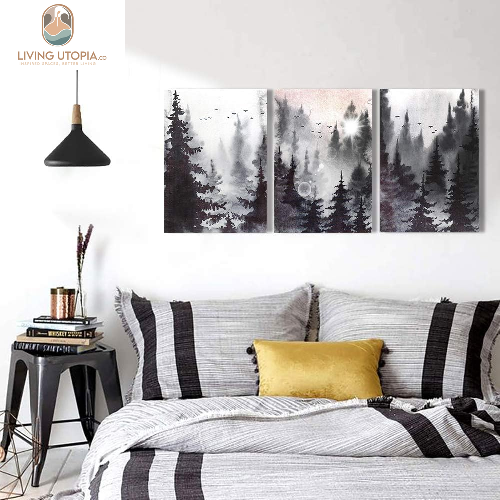 Scenery Watercolor Painting 3 Pieces Canvas Wall Art for Living Room Wall Decor for Bedroom Decorations Modern Office Home Decoration Black and White Forest Landscape Posters Canvas Prints Artwork