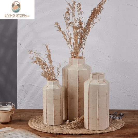 Ceramic Rustic Farmhouse Vase Set of 3,Ice Cracked Glazed Terracotta Vase,Large Vase for Decor,Fall Decoratiion Vases for Home, Table, Living Room, Shelf