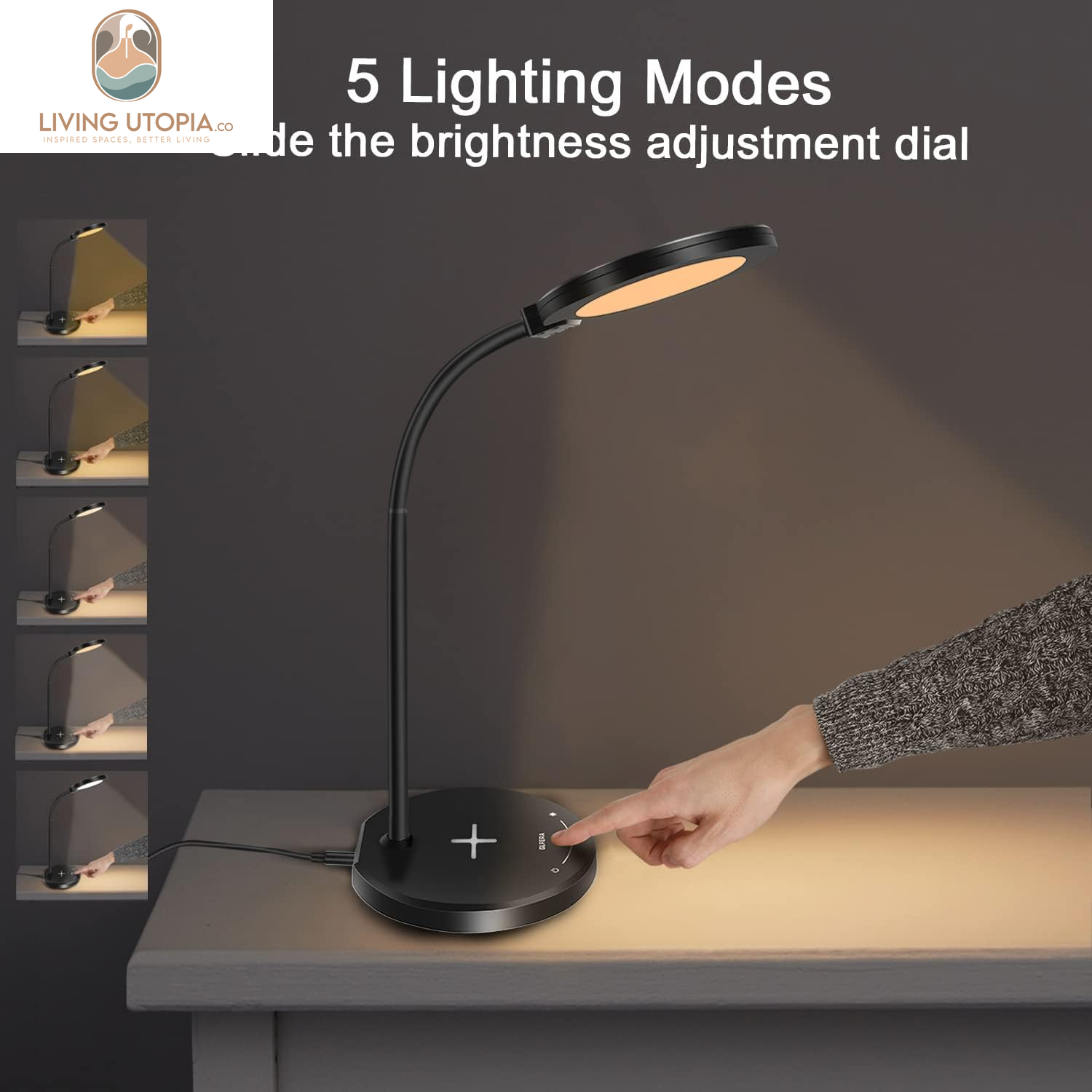 Desk Lamp, LED Desk Lamp with USB Charging Port, 5 Lighting Modes 10 Brightness Levels, Sensitive Control Eye-Caring Office Lamp Black