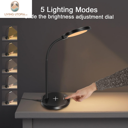 Desk Lamp, LED Desk Lamp with USB Charging Port, 5 Lighting Modes 10 Brightness Levels, Sensitive Control Eye-Caring Office Lamp Black