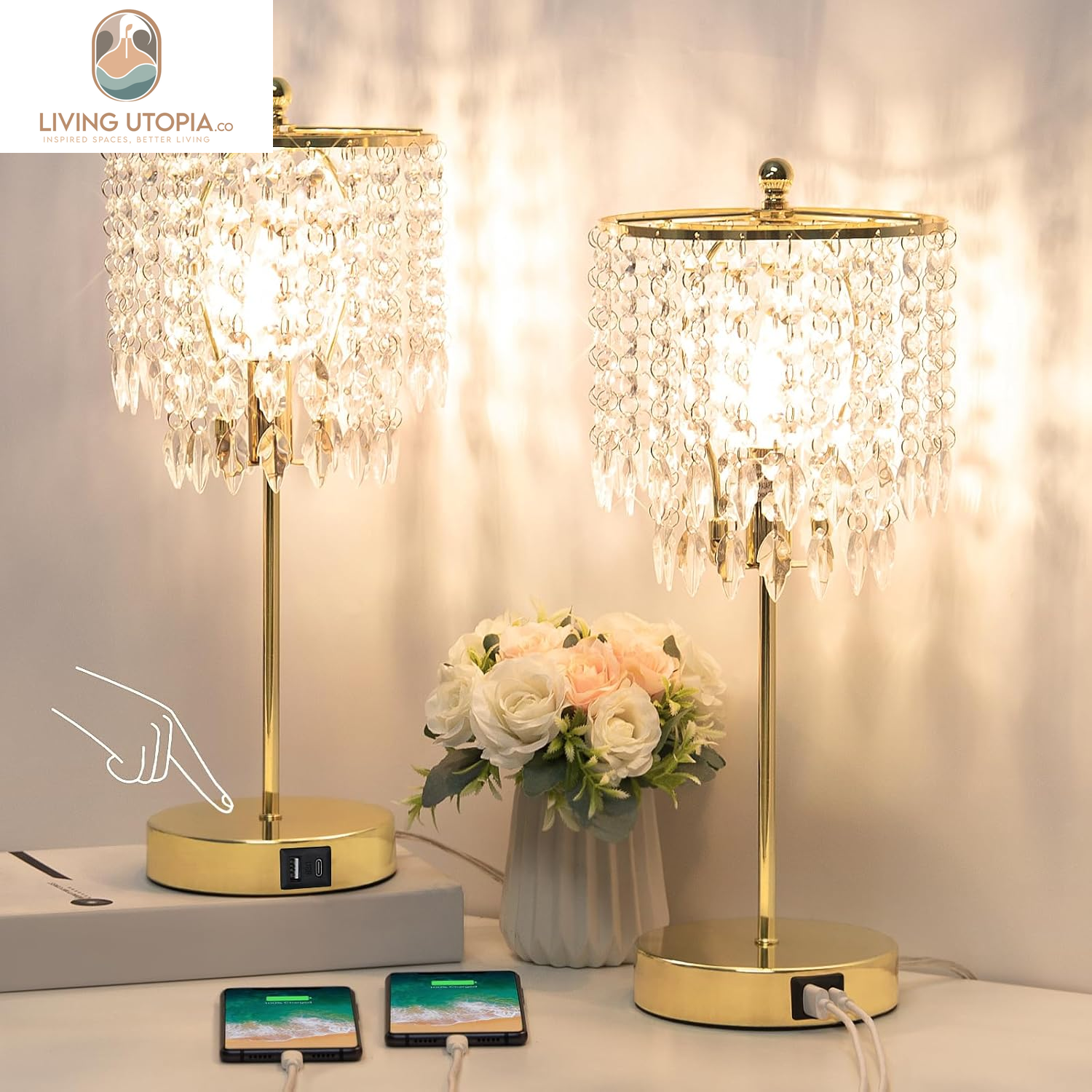 Crystal Table Lamp Set of 2, 3-Way Dimmable Nightstand Lamp with 2 USB Charging Ports, Gold Bedside Lamp for Bedroom, Touch Lamp with Elegant Shade for Living Room, B11 LED Bulb Included