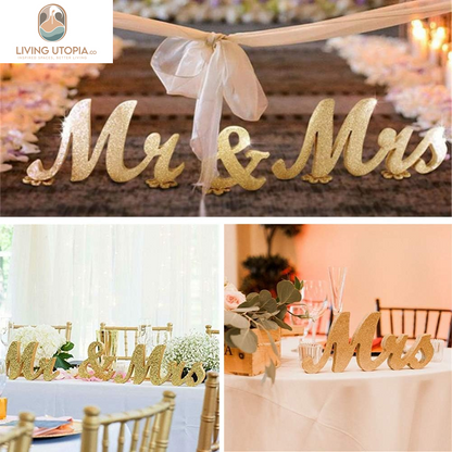Mr and Mrs Signs Wedding Sweetheart Table Decorations Glitter Wooden Freestanding Letters for Photo Props, Rustic Wedding Decoration, Anniversary Wedding Shower Gift (Golden)